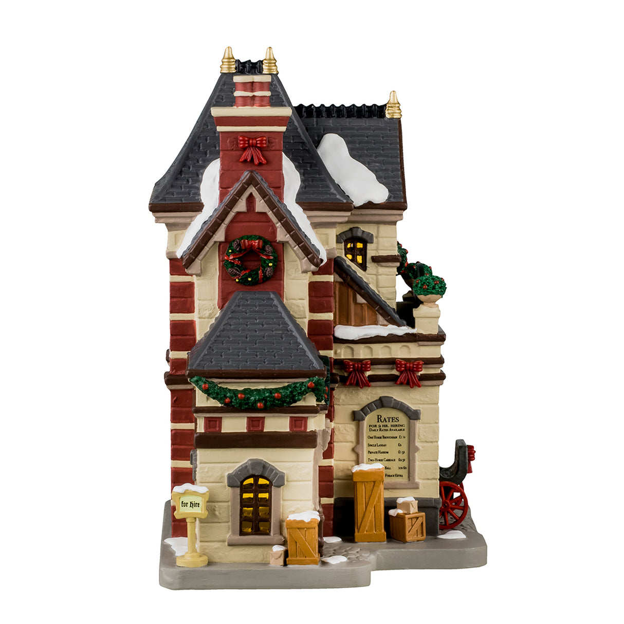 Porcelain lighted building for a Lemax display. Designed to look like a tall building with snow on the roof and the sidewalk. There's decorated garlands and wreaths and potted plants. There are red bow accents. There's a carriage peaking out from a garage.