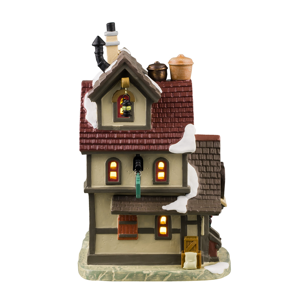 Porcelain lighted building for a Lemax display. Designed to look like an old-timey building with a circular sun room off to the side. The windows are multi-colored stained glass. There are signs advertising stews, soups, goulash, Brunswick stew, clam chowder, chicken noodle soup, vegetables and potatoes. There's also a sign that reads "New Holiday Menu and Later Hours!" There's snow on the roof and the sidewalk.