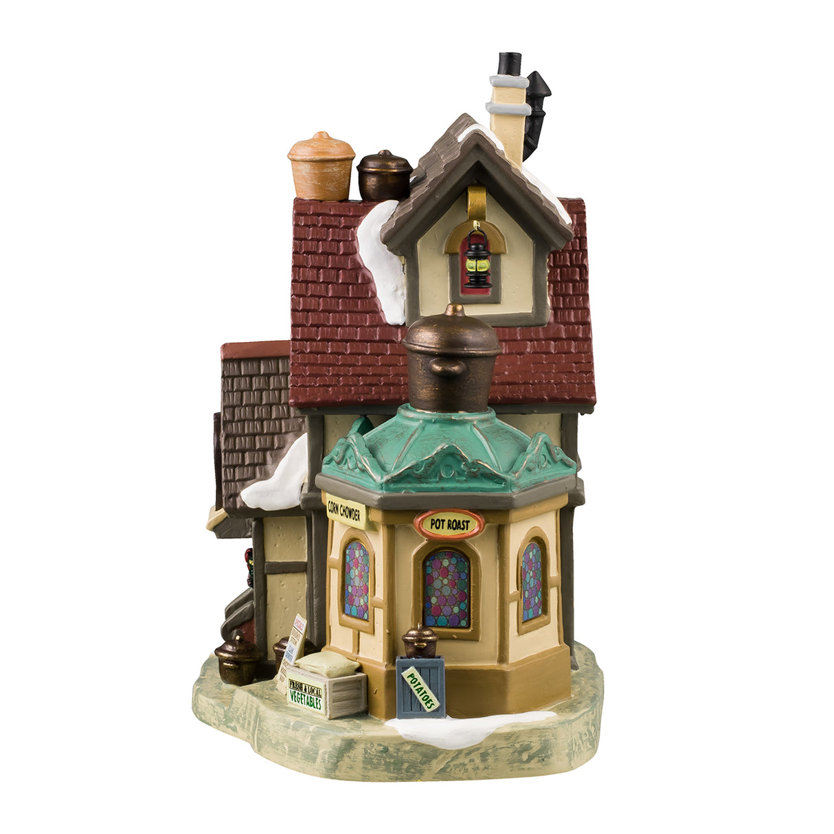 Porcelain lighted building for a Lemax display. Designed to look like an old-timey building with a circular sun room off to the side. The windows are multi-colored stained glass. There are signs advertising stews, soups, goulash, Brunswick stew, clam chowder, chicken noodle soup, vegetables and potatoes. There's also a sign that reads "New Holiday Menu and Later Hours!" There's snow on the roof and the sidewalk.