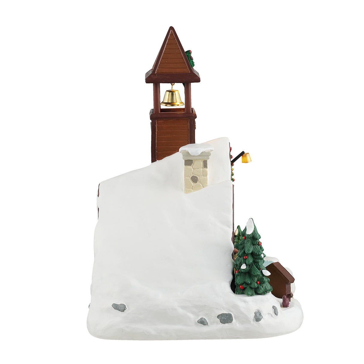 Resin lighted building for a Lemax display. Designed to look like a brown, wooden chapel with a stone chimney and a bell tower. The roof and the ground is covered in snow. There's a wreath on the bell tower, garland on the roof and two red bows on the sides of the door. The windows are stained glass. One of them is a yellow cross with a blue background. The other is a white dove with a yellow glow. There's a waterfall on the side.