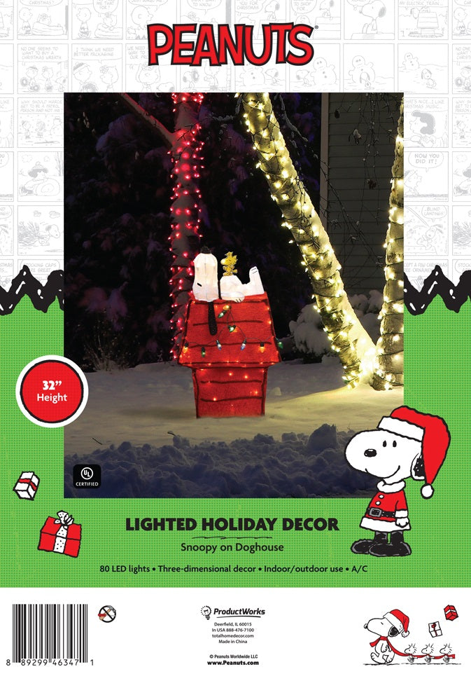 32" 3D Lighted Soft Tinsel Snoopy On Dog House Sculpture