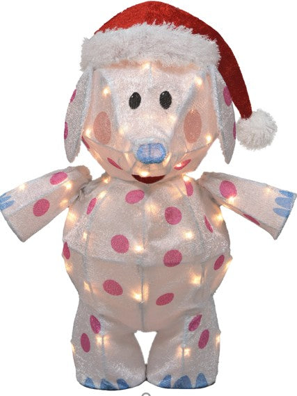 This image shows this the Misfit Elephant decoration on a white background. The elephant is white with pink polka dots. It has blue nails and a blue nose. It's also wearing a red Santa hat.