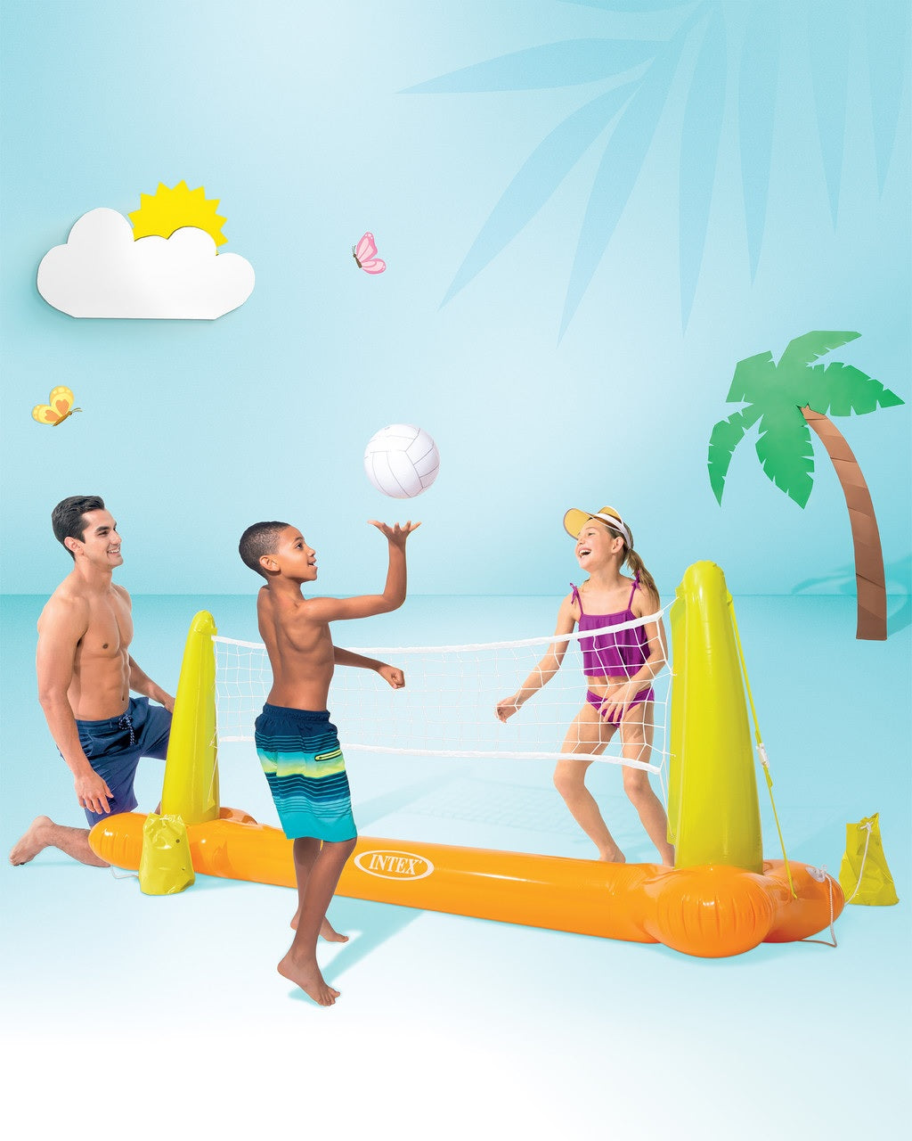 This is a lifestyle image showing two kids playing volleyball with the inflatable net on a backdrop that looks cartoon-ish. The sun, clouds, butterflies and palm tree all look like they're made out of cardboard cutouts.