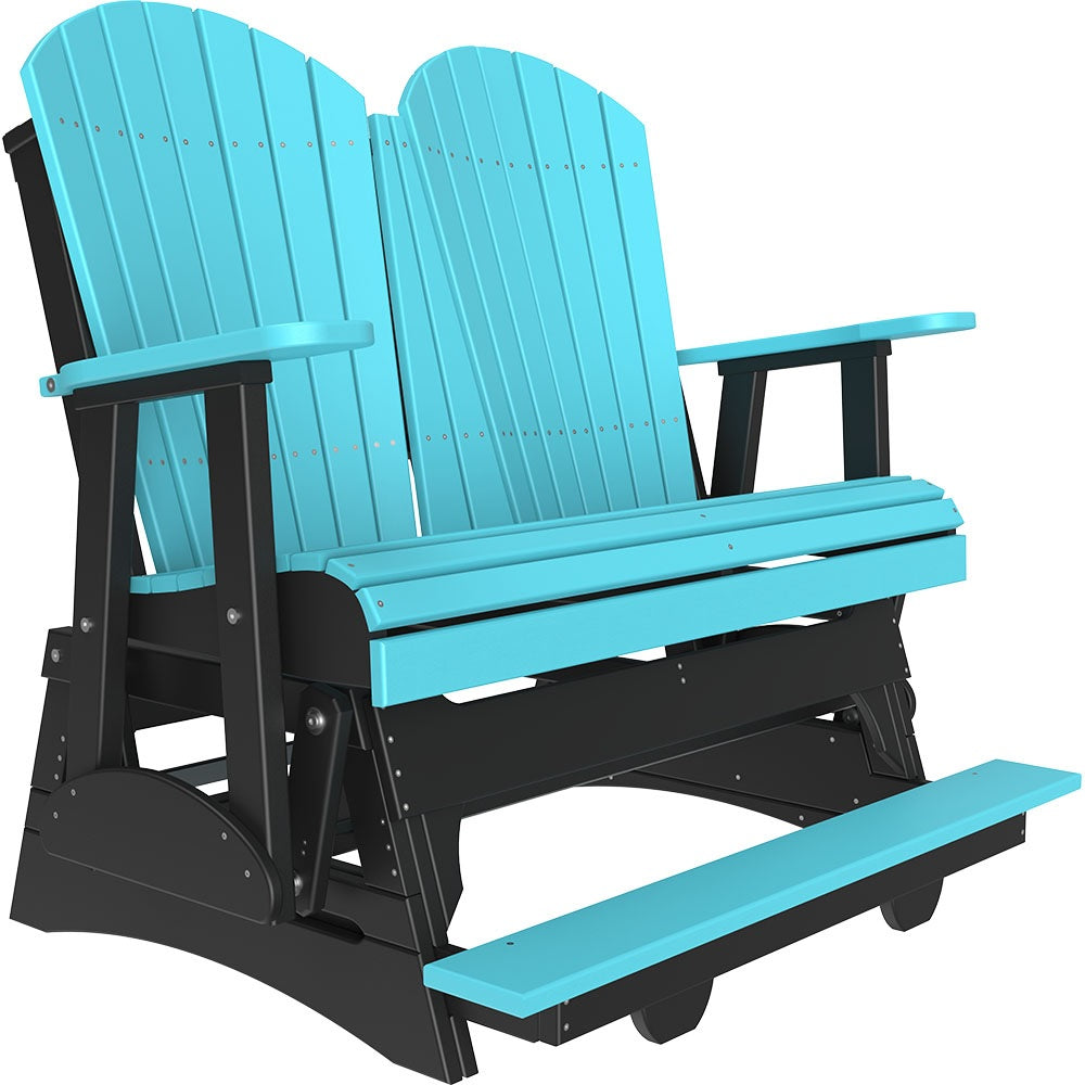 This is an Aruba Blue and Black colored Adirondack balcony glider bench on a white background.