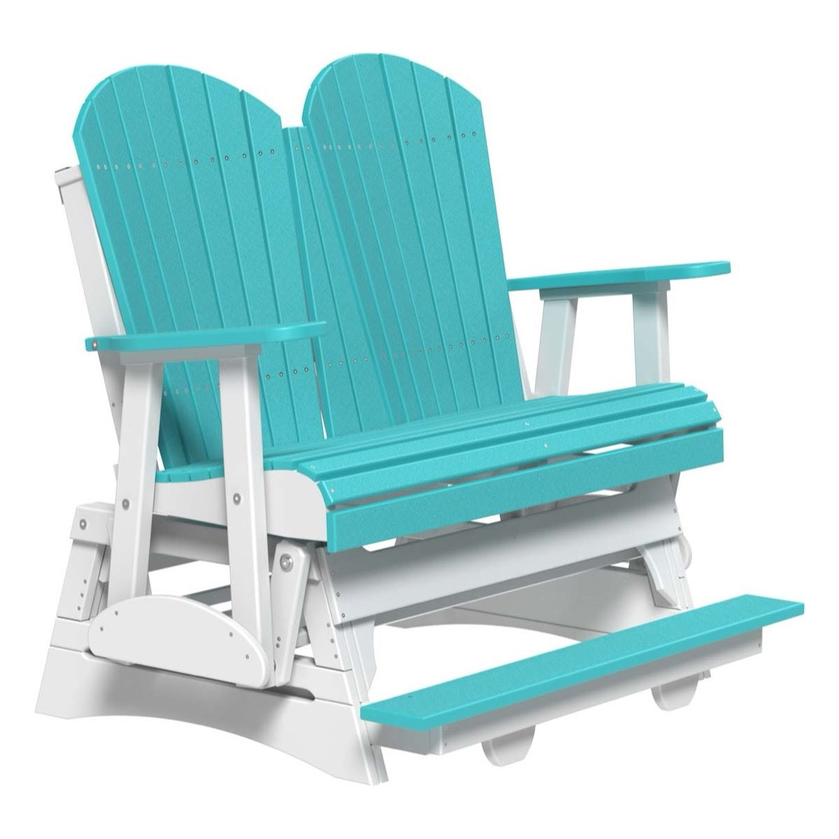This is an Aruba Blue and White colored Adirondack balcony glider bench on a white background.