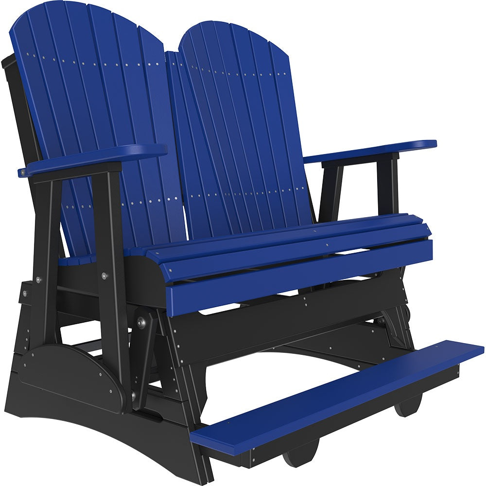 This is a Blue and Black colored Adirondack balcony glider bench on a white background.