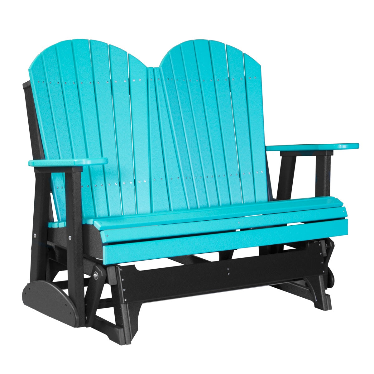 This is an Aruba Blue and Black colored Adirondack glider bench on a white background.