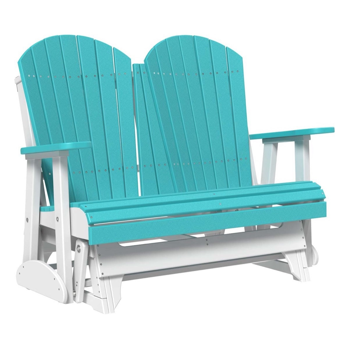 This is an Aruba Blue and White colored Adirondack glider bench on a white background.
