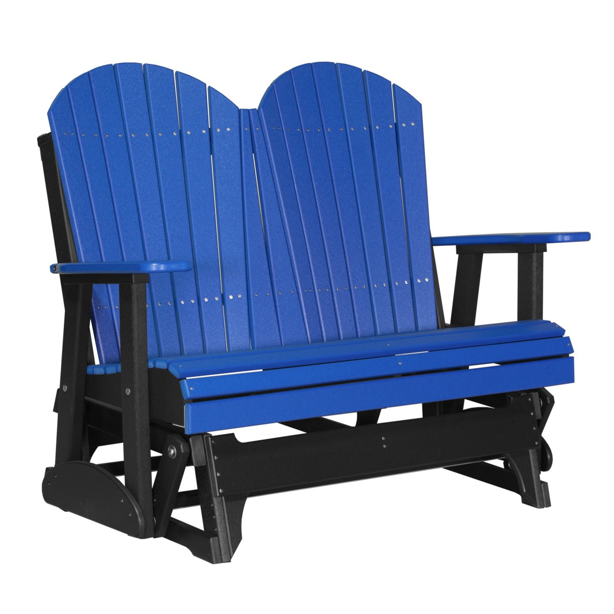 This is a Blue and Black colored Adirondack glider bench on a white background.