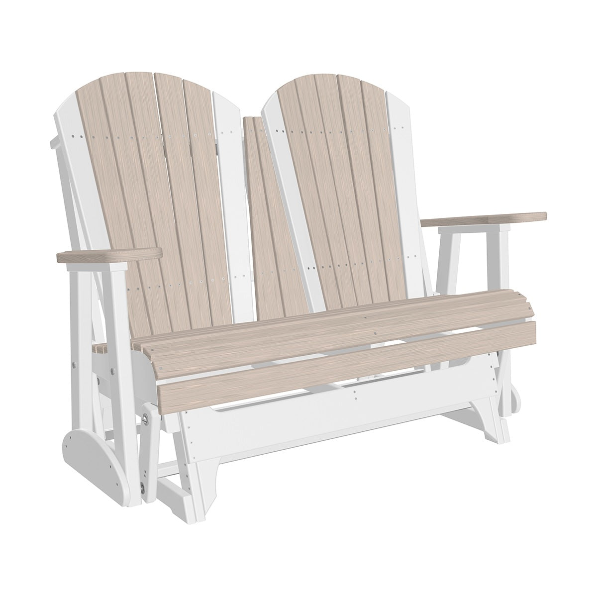 This is a Birch and White colored Adirondack glider bench on a white background.