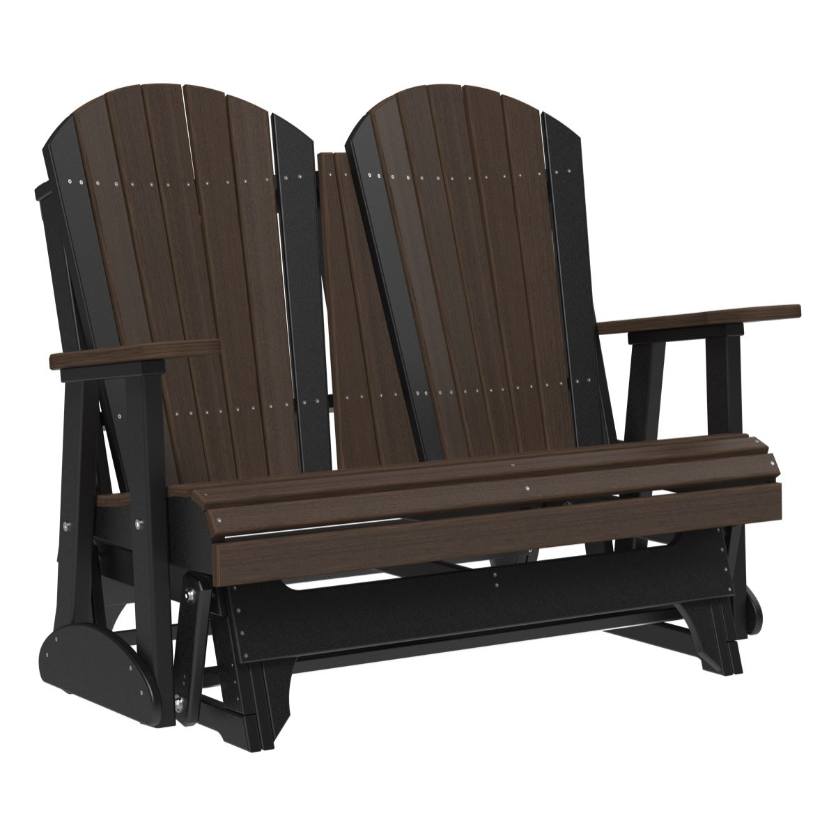 This is a Brazilian Walnut and Black colored Adirondack glider bench on a white background.