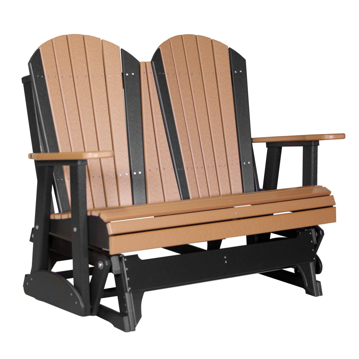 This is a Cedar and Black colored Adirondack glider bench on a white background.