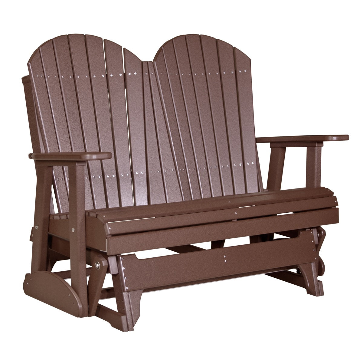 This is a Chestnut Brown colored Adirondack glider bench on a white background.