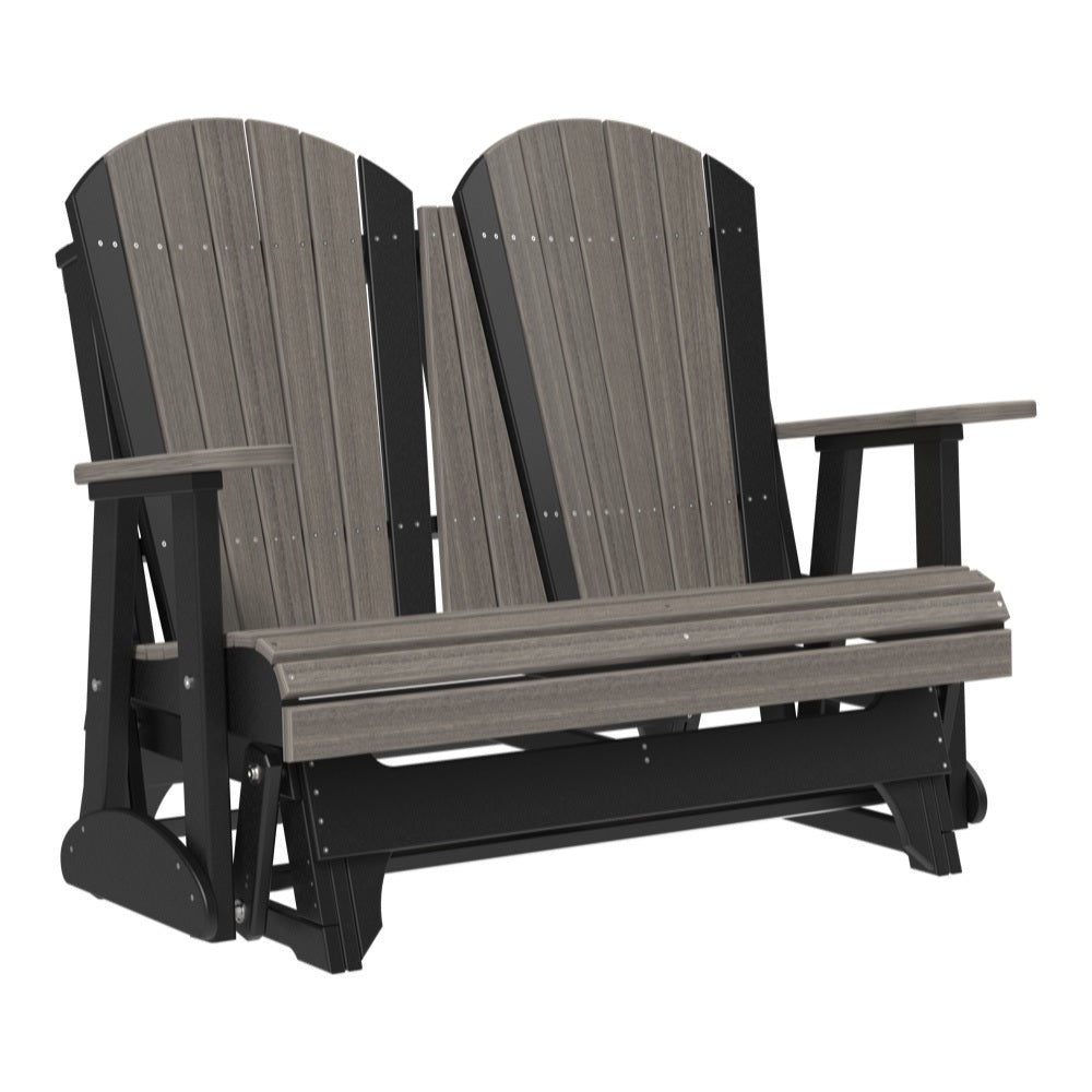 This is a Coastal Gray and Black colored Adirondack glider bench on a white background.