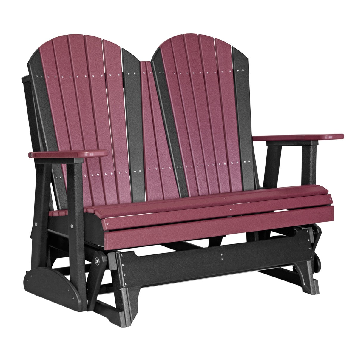 This is a Cherrywood and Black colored Adirondack glider bench on a white background.