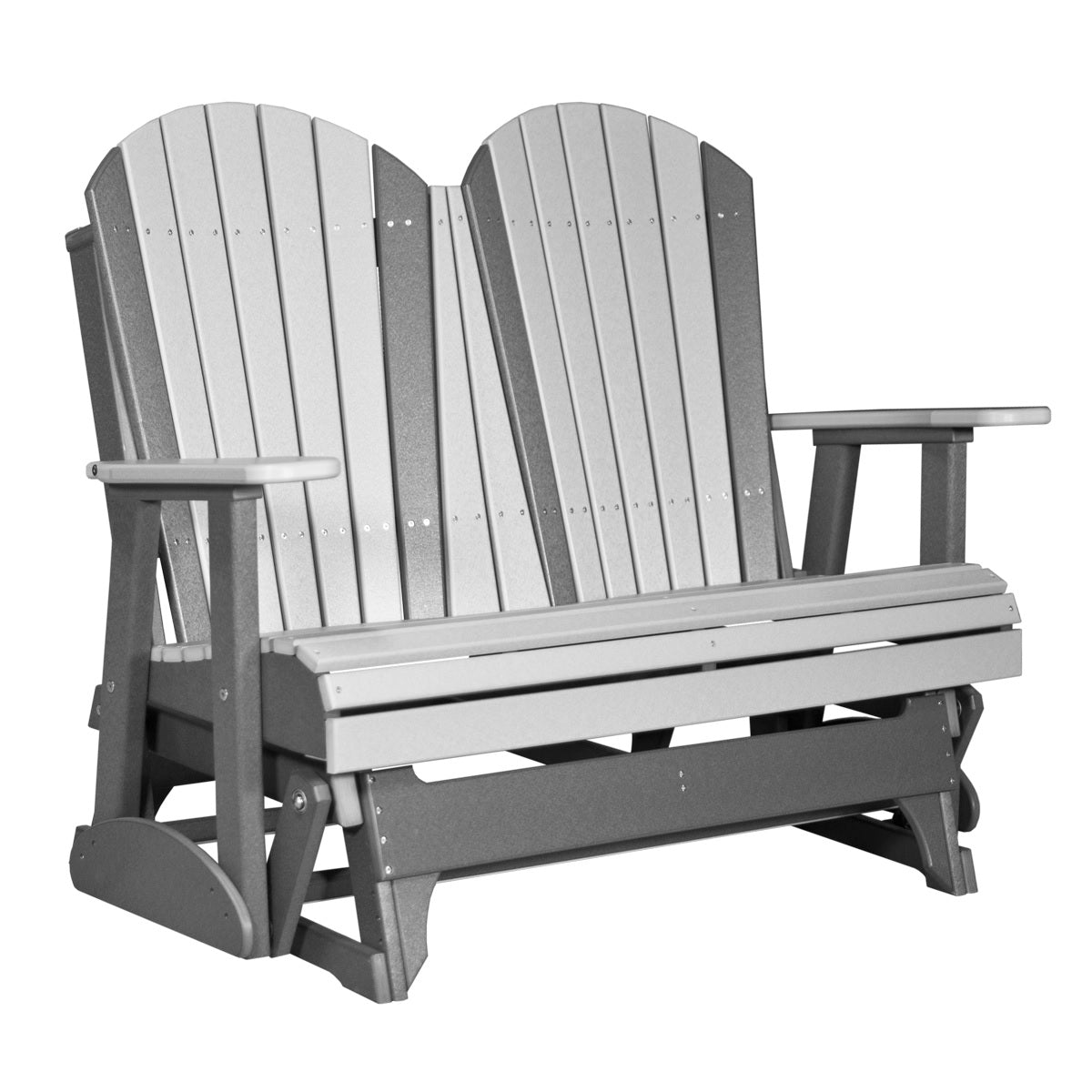 This is a Dove Gray and Slate colored Adirondack glider bench on a white background.
