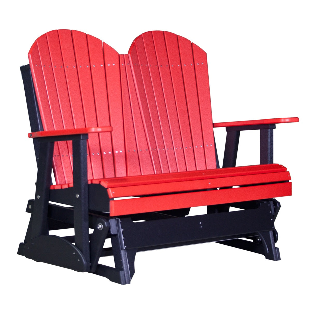 This is a Red and Black colored Adirondack glider bench on a white background.