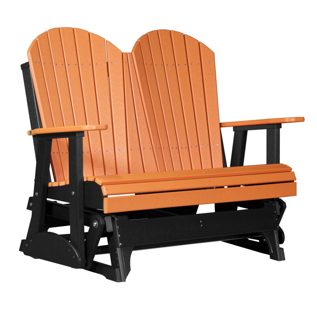 This is a Tangerine and Black colored Adirondack glider bench on a white background.