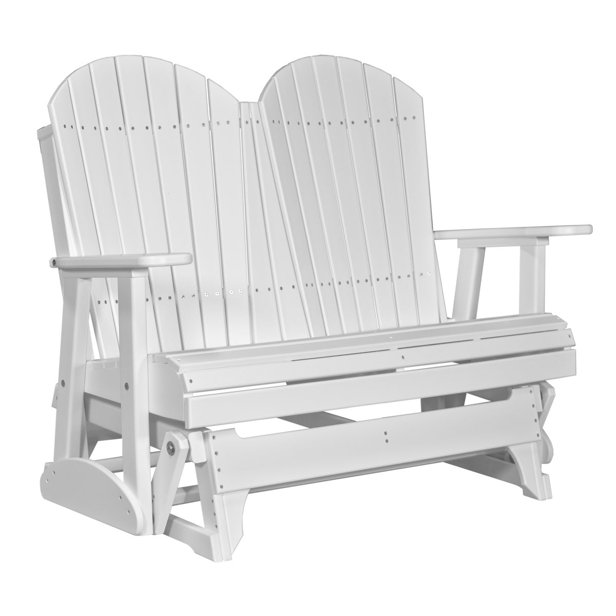 This is a White colored Adirondack glider bench on a white background.