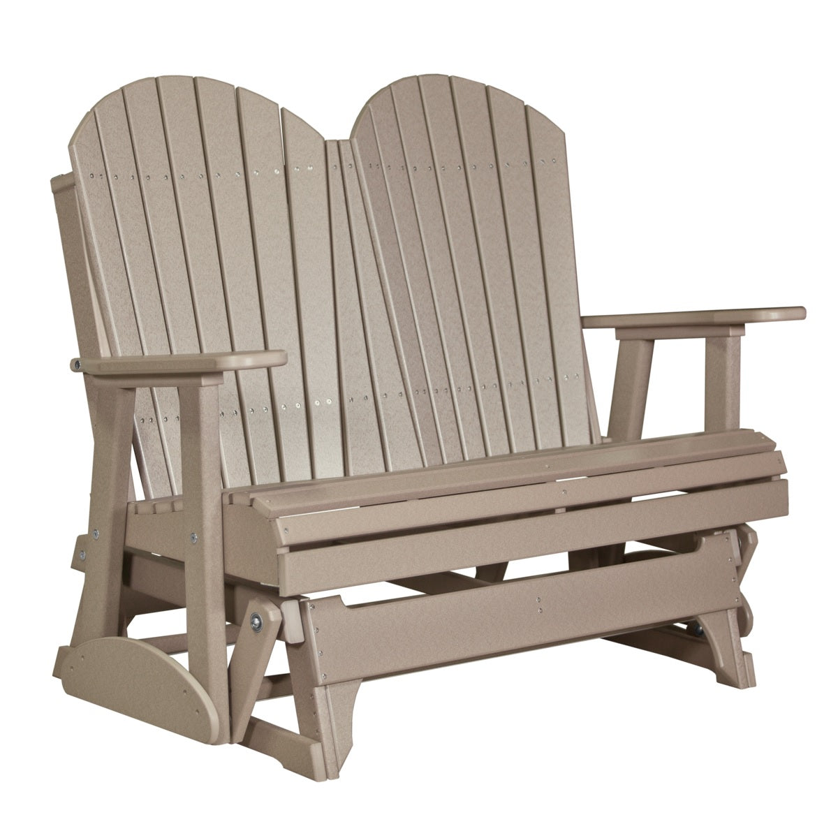 This is a Weatherwood colored Adirondack glider bench on a white background.