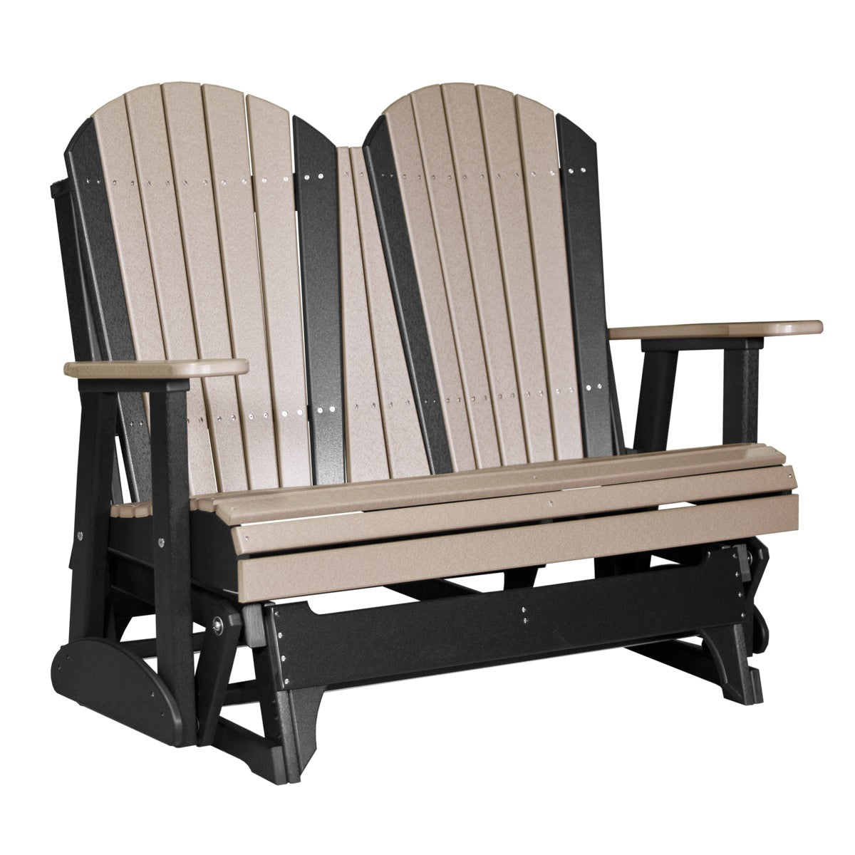 This is a Weatherwood and Black colored Adirondack glider bench on a white background.
