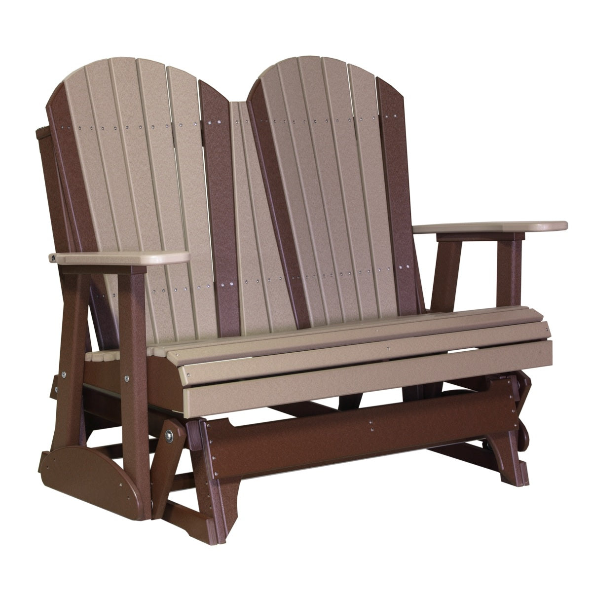 This is a Weatherwood and Chestnut Brown colored Adirondack glider bench on a white background.