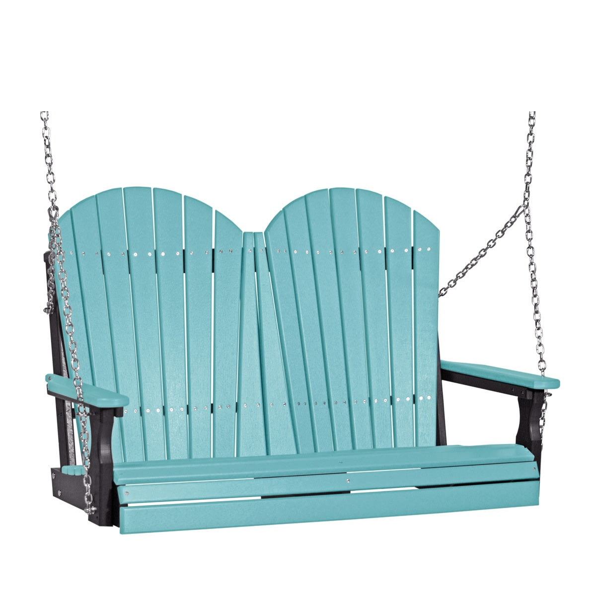 This image shows off the Aruba Blue and Black colored Adirondack porch swing on a white background.