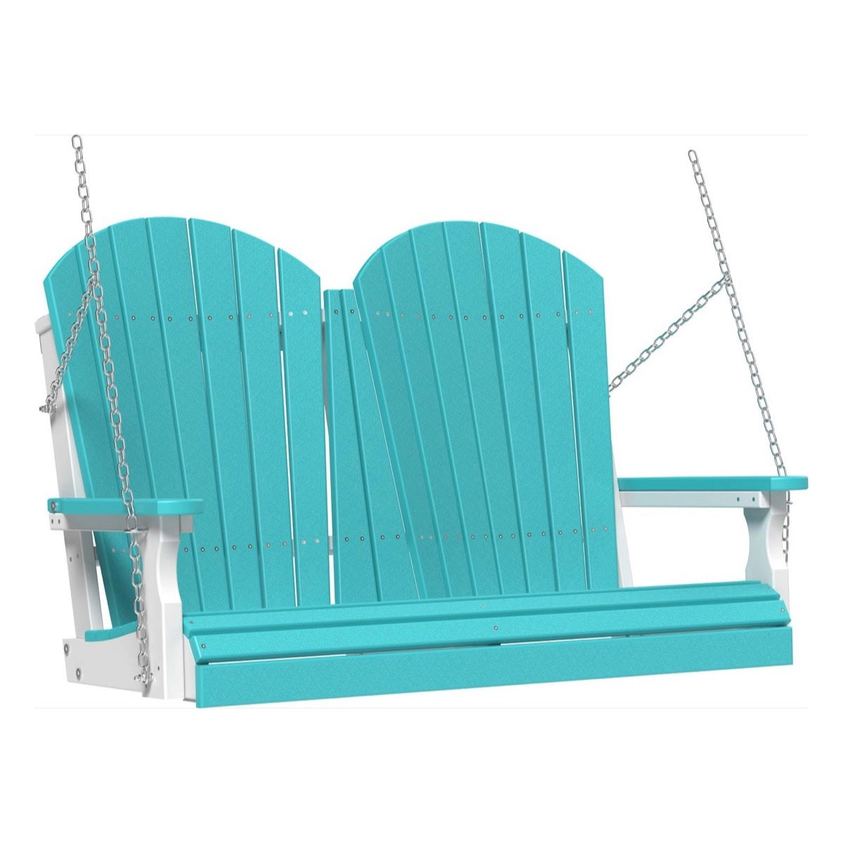 This image shows off the Aruba Blue and White colored Adirondack porch swing on a white background.