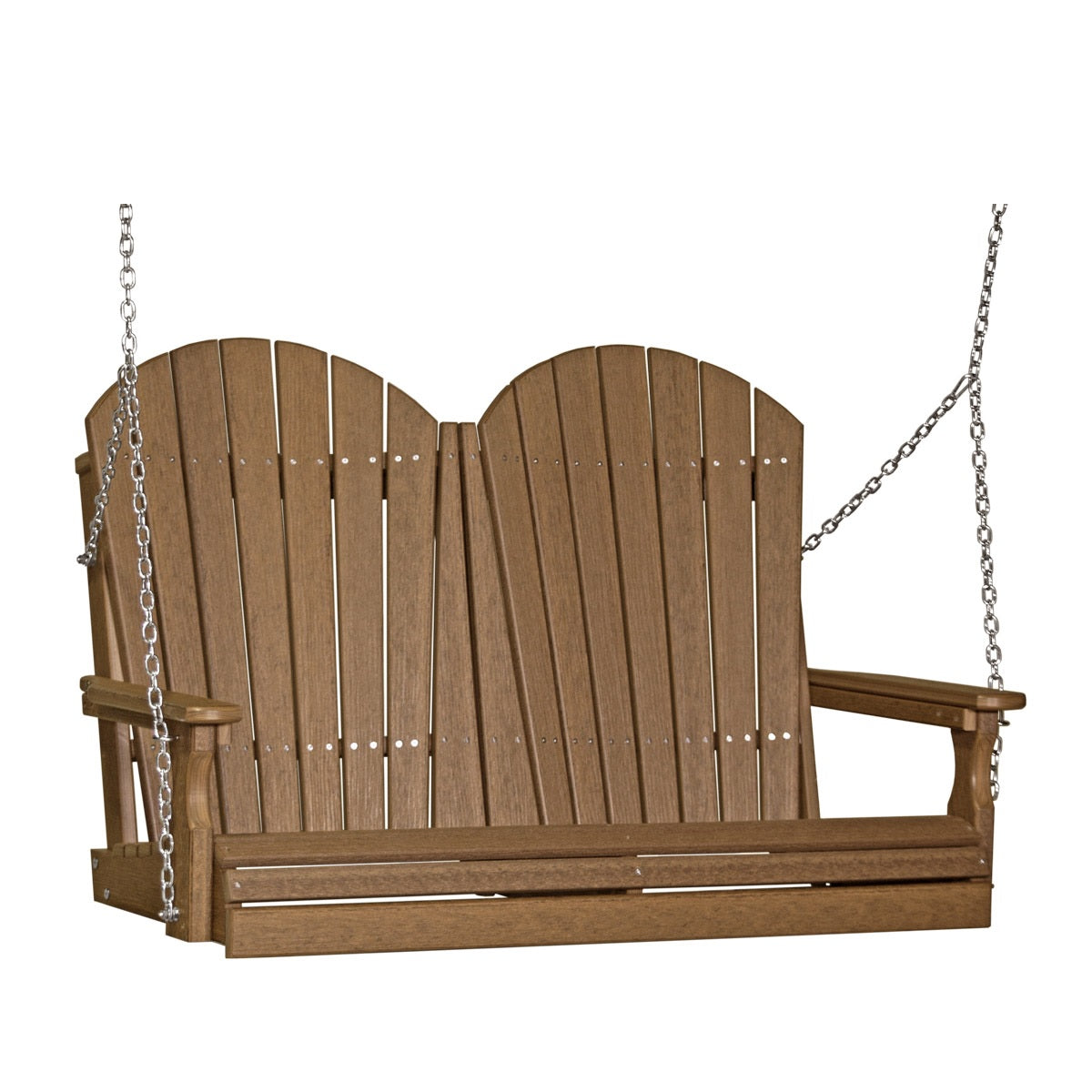 This image shows off the Antique Mahogany colored Adirondack porch swing on a white background.