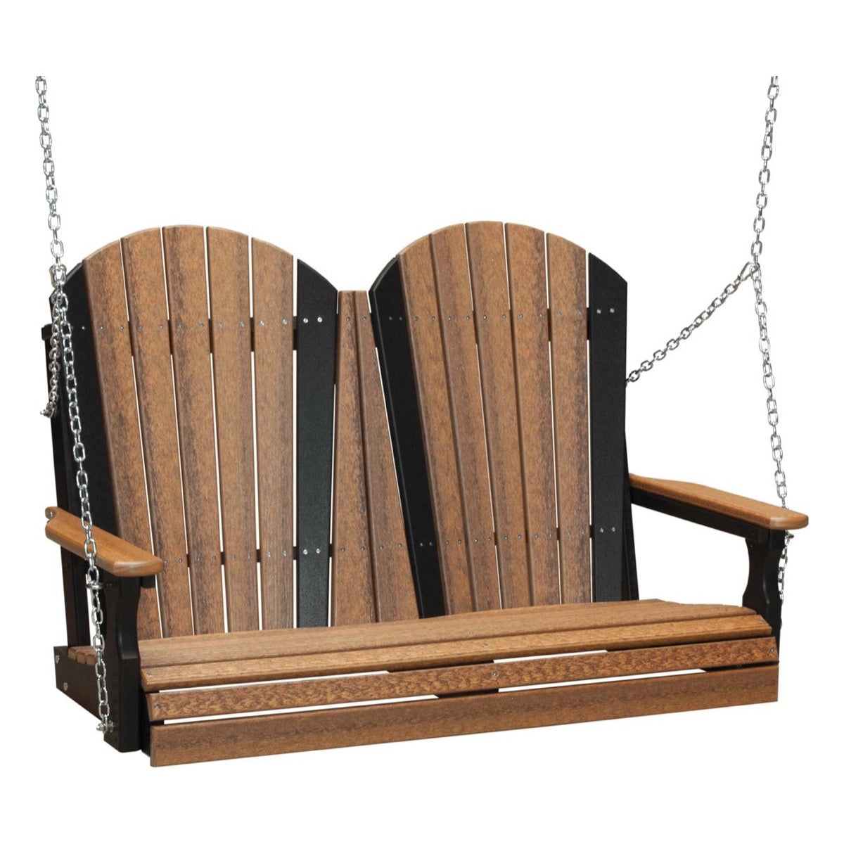 This image shows off the Antique Mahogany and Black colored Adirondack porch swing on a white background.