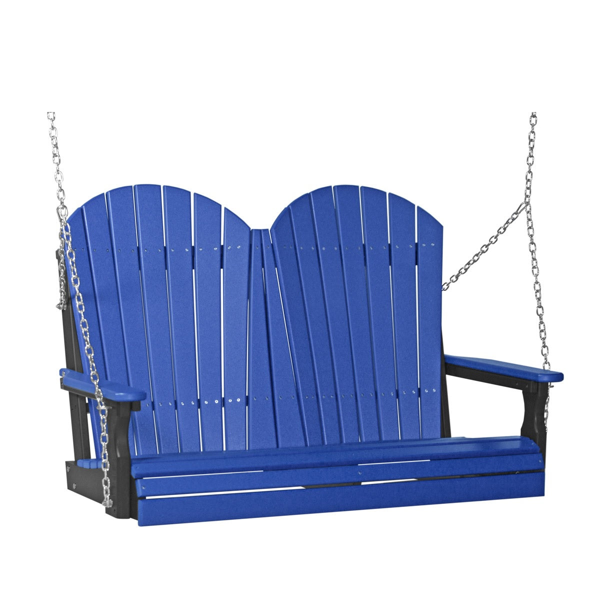This image shows off the Blue and Black colored Adirondack porch swing on a white background.