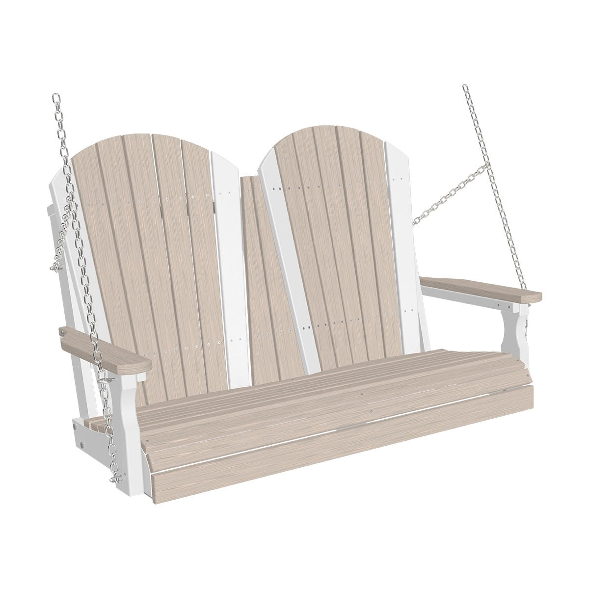 This image shows off the Birch and White colored Adirondack porch swing on a white background.