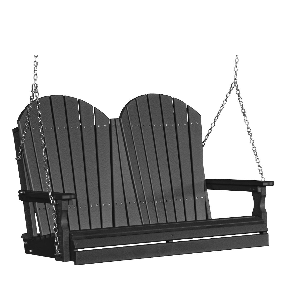 This image shows off the Black colored Adirondack porch swing on a white background.