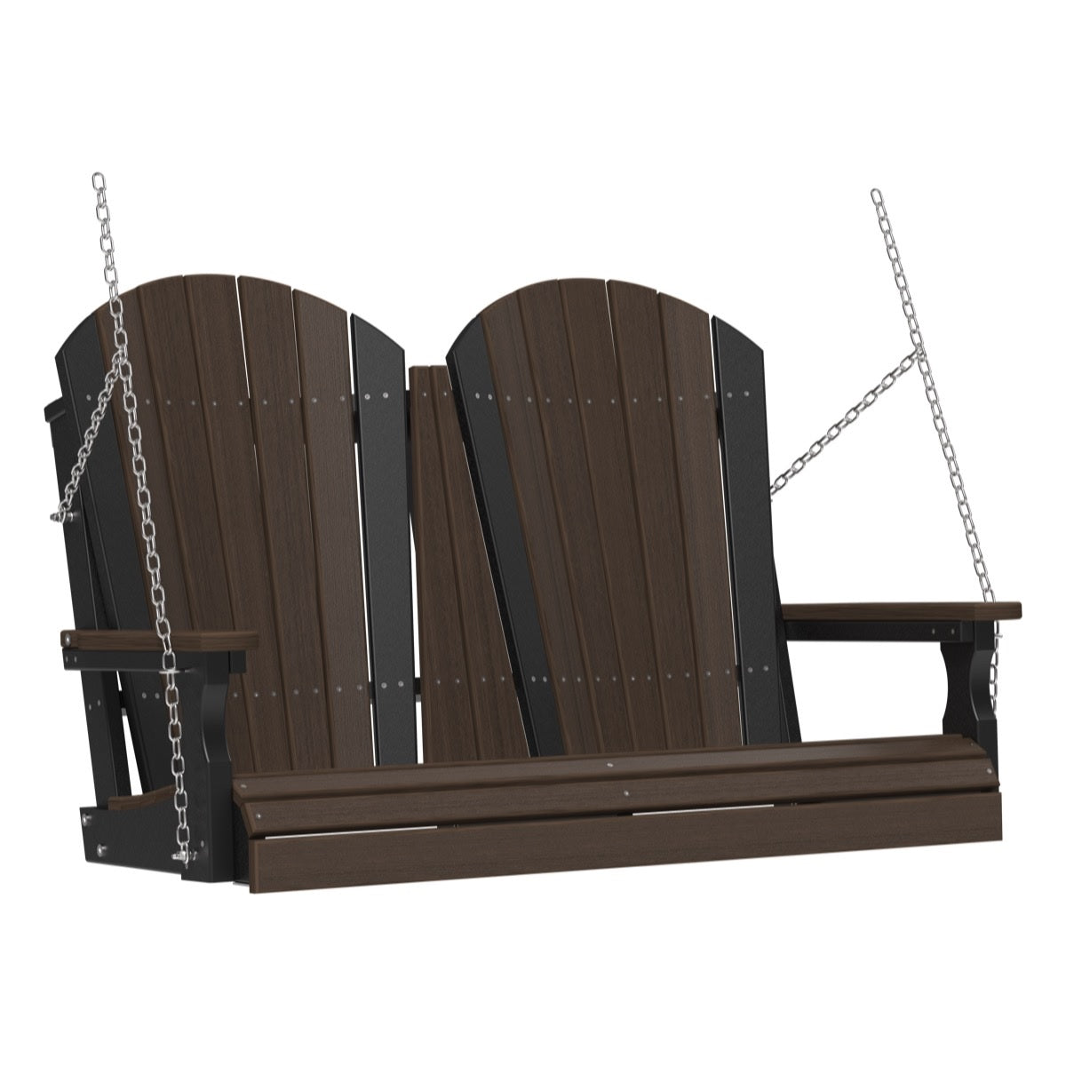 This image shows off the Brazilian Walnut and Black colored Adirondack porch swing on a white background.