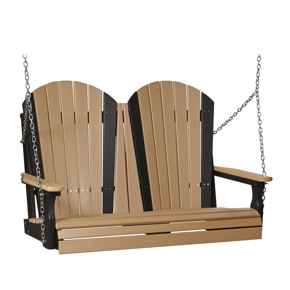 This image shows off the Cedar and Black colored Adirondack porch swing on a white background.