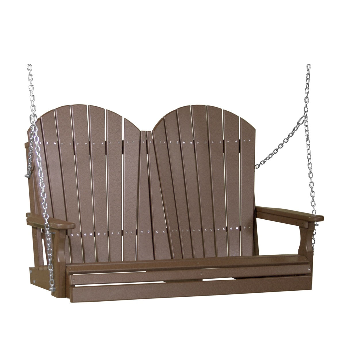 This image shows off the Chestnut Brown colored Adirondack porch swing on a white background.