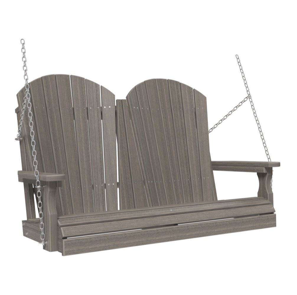 This image shows off the Coastal Gray colored Adirondack porch swing on a white background.