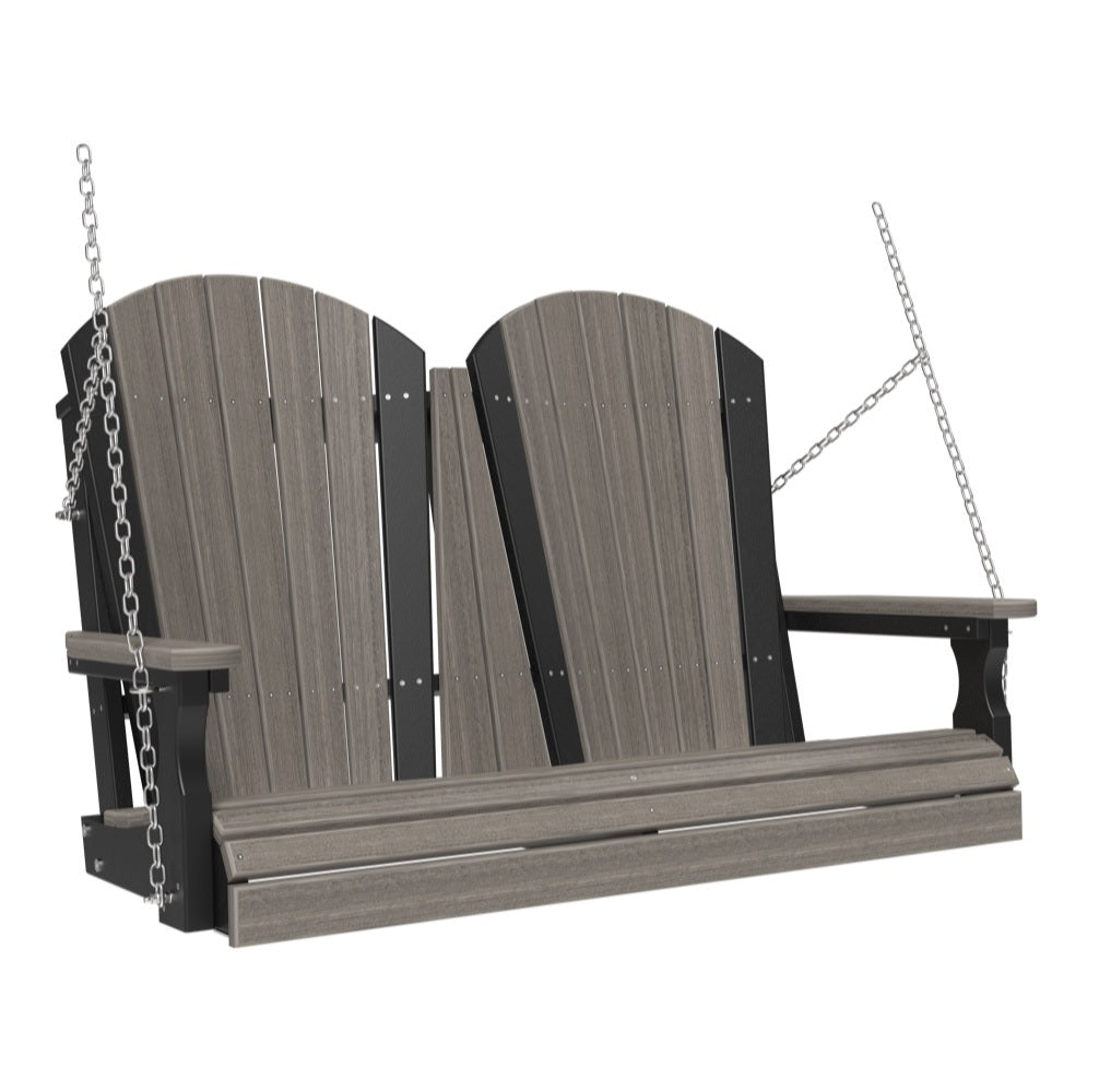 This image shows off the Coastal Gray and Black colored Adirondack porch swing on a white background.