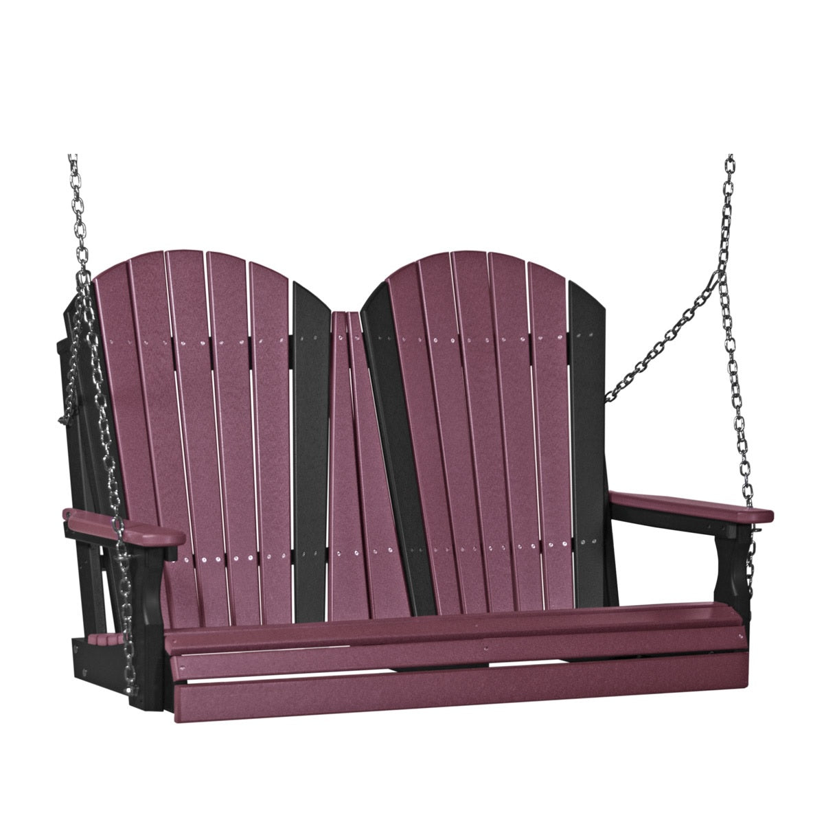 This image shows off the Cherrywood and Black colored Adirondack porch swing on a white background.