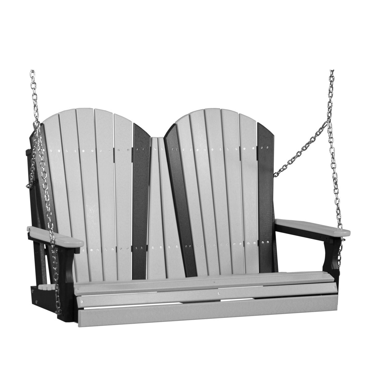 This image shows off the Dove Gray and Black colored Adirondack porch swing on a white background.