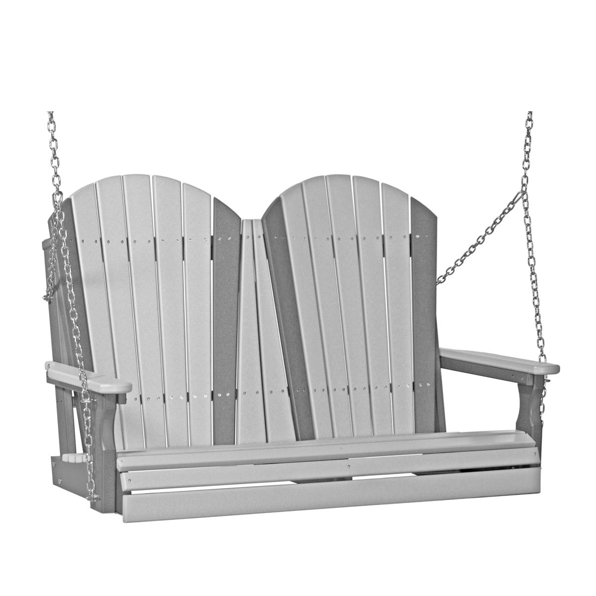 This image shows off the Dove Gray and Slate colored Adirondack porch swing on a white background.