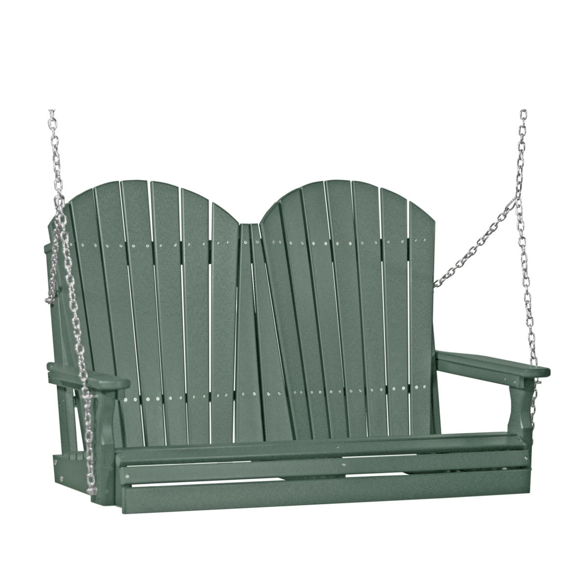 This image shows off the Green colored Adirondack porch swing on a white background.
