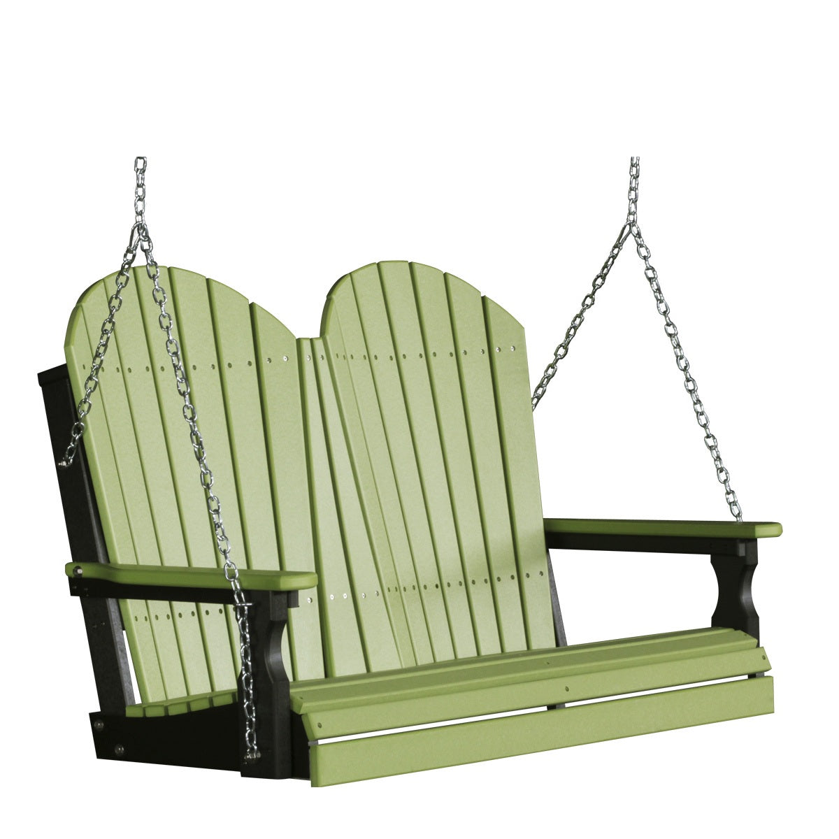 This image shows off the Lime Green and Black colored Adirondack porch swing on a white background.