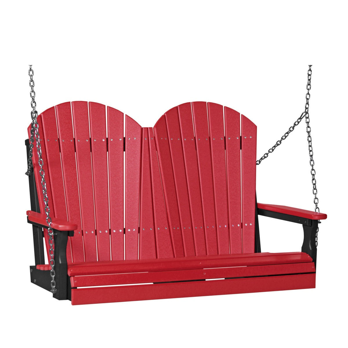 This image shows off the Red and Black colored Adirondack porch swing on a white background.