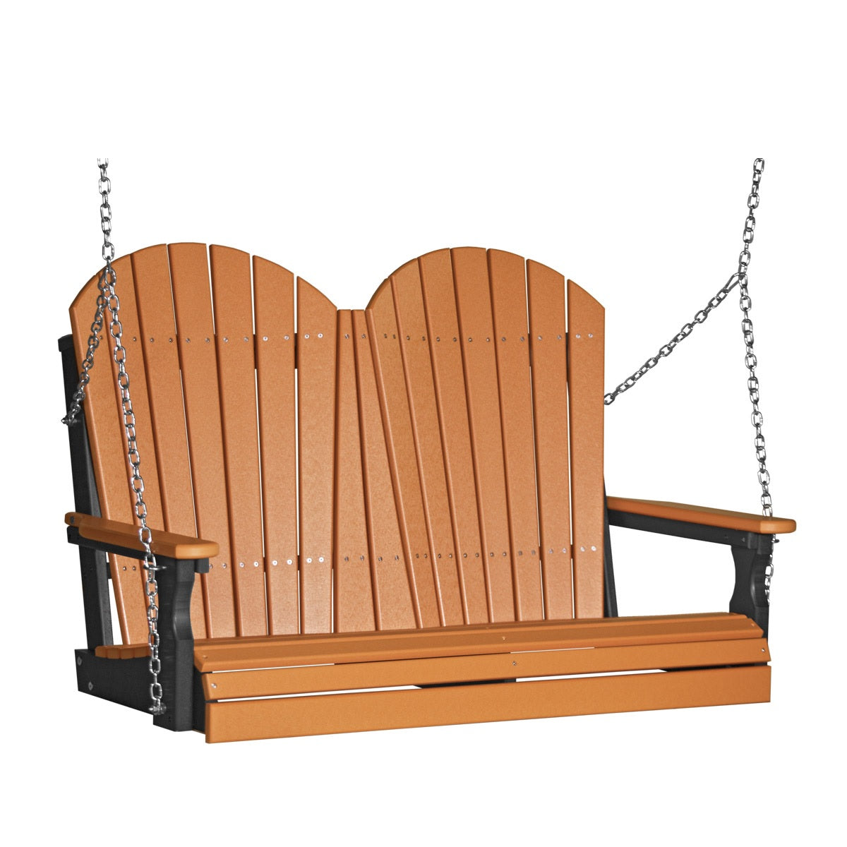 This image shows off the Tangerine and Black colored Adirondack porch swing on a white background.