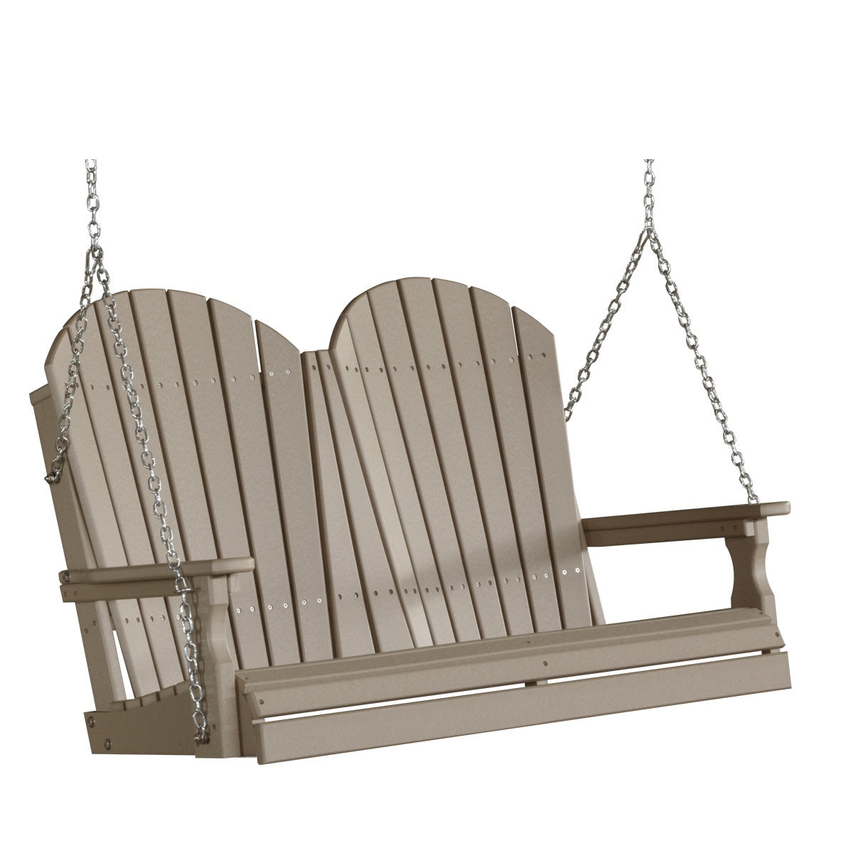 This image shows off the Weatherwood colored Adirondack porch swing on a white background.