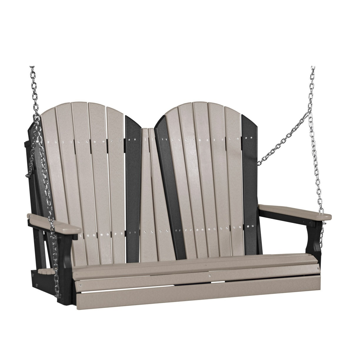 This image shows off the Weatherwood and Black colored Adirondack porch swing on a white background.