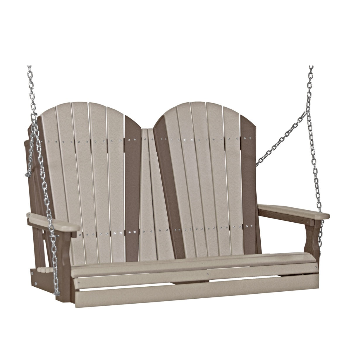 This image shows off the Weatherwood and Chestnut Brown colored Adirondack porch swing on a white background.