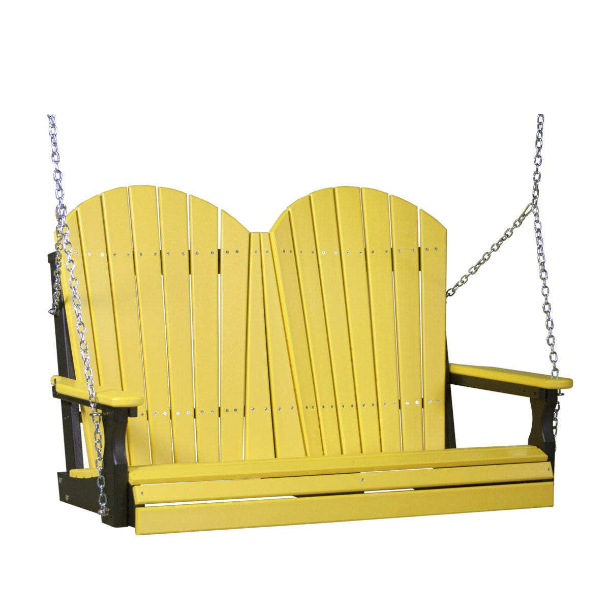 This image shows off the Yellow and Black colored Adirondack porch swing on a white background.