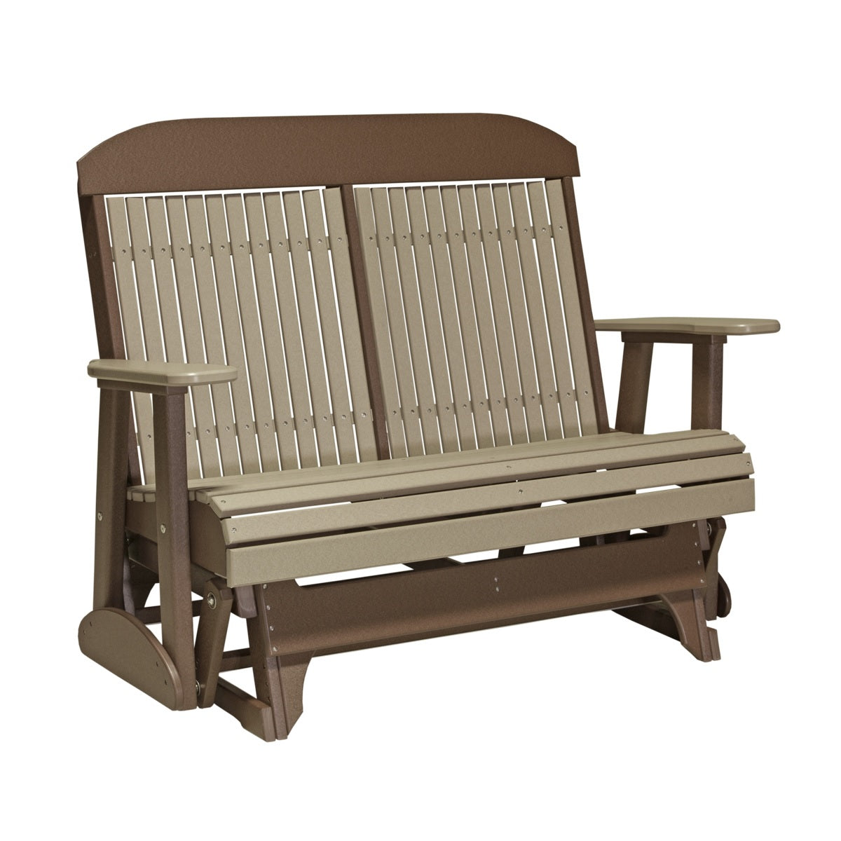 This is the Weatherwood and Chestnut Brown colored classic glider bench on a white background.